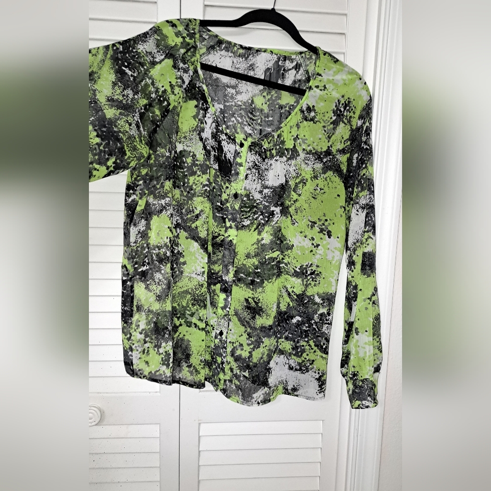 Green/Black Women's Blouse. Breathable, see-through, and lightweight material.